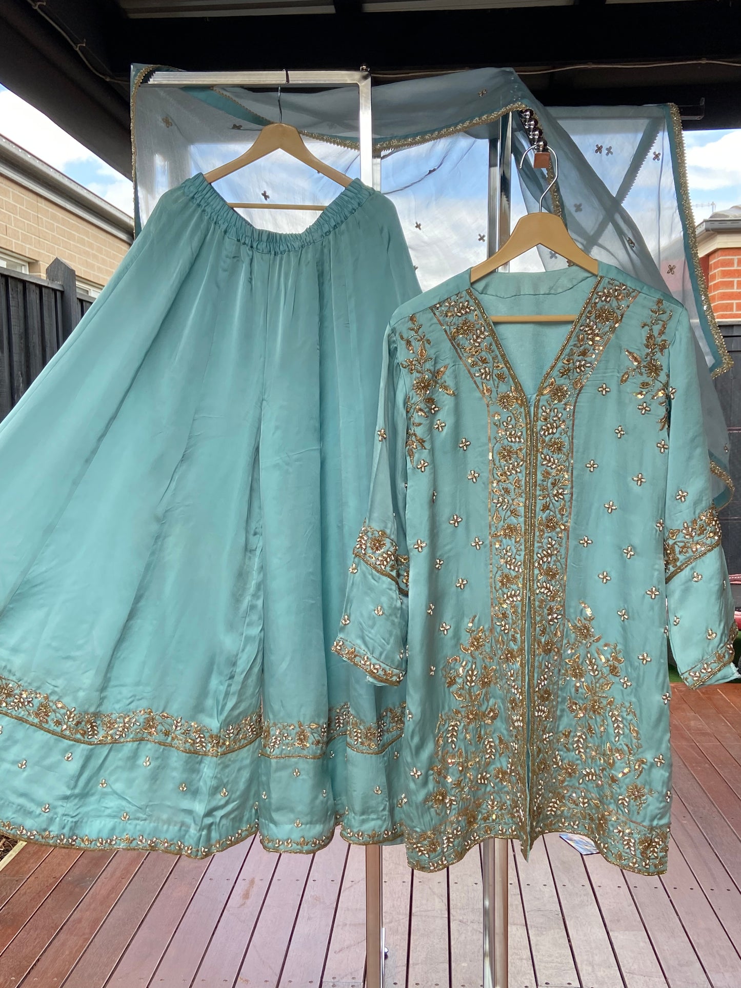 Ethereal Beauty – Sky Blue Achkan Sharara Set