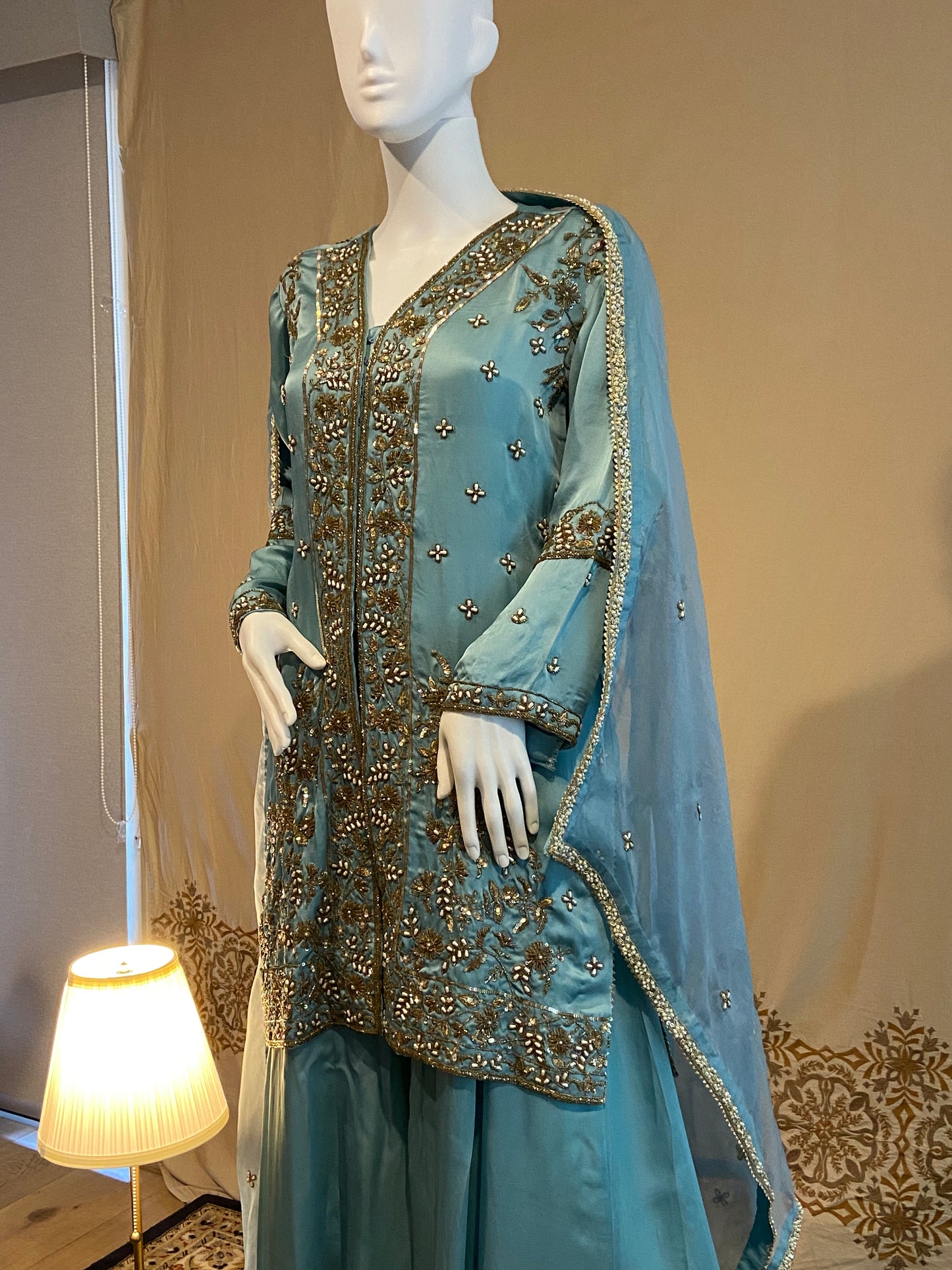 Ethereal Beauty – Sky Blue Achkan Sharara Set