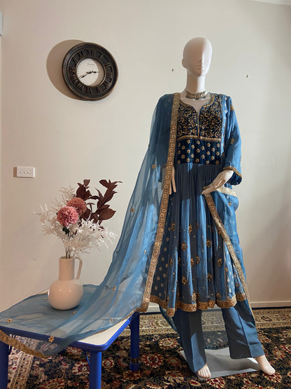 Royal Charm – Muted Blue Velvet & Georgette Anarkali