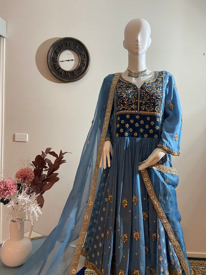 Royal Charm – Muted Blue Velvet & Georgette Anarkali