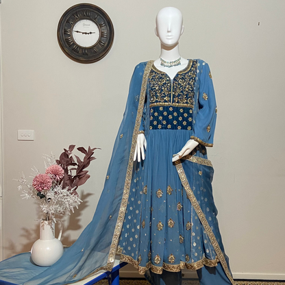 Royal Charm – Muted Blue Velvet & Georgette Anarkali