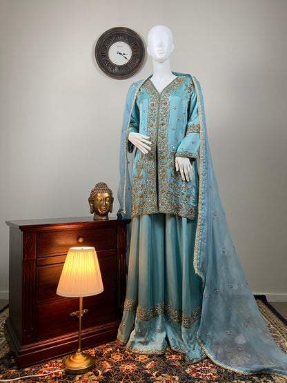 Ethereal Beauty – Sky Blue Achkan Sharara Set