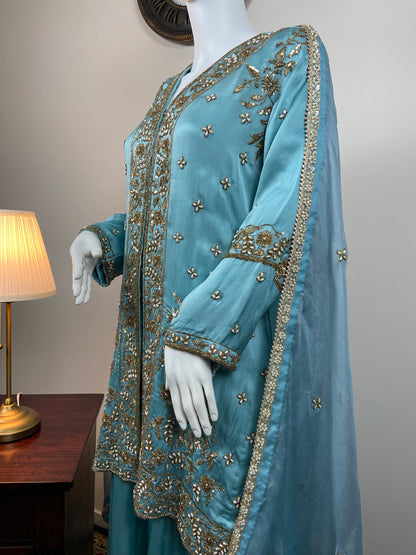 Ethereal Beauty – Sky Blue Achkan Sharara Set