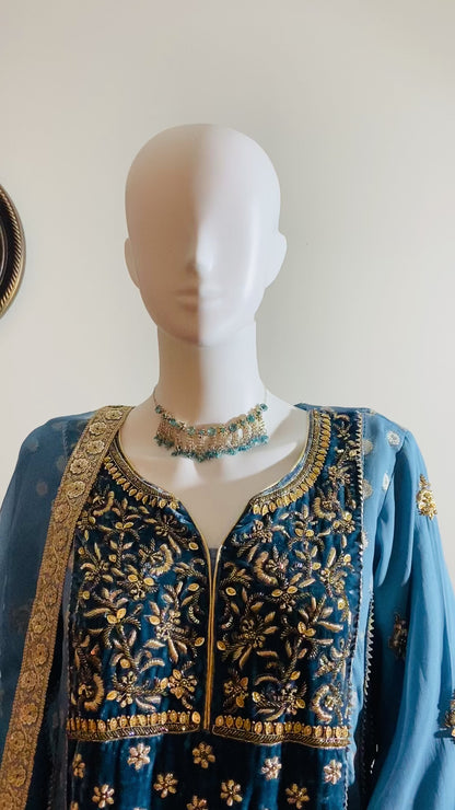 Royal Charm – Muted Blue Velvet & Georgette Anarkali