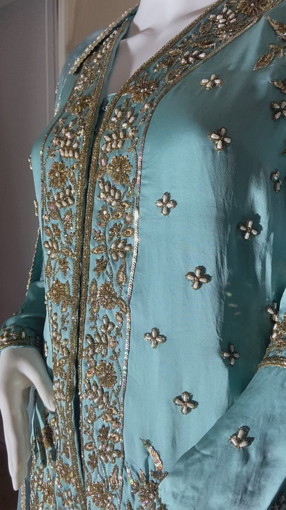 Ethereal Beauty – Sky Blue Achkan Sharara Set